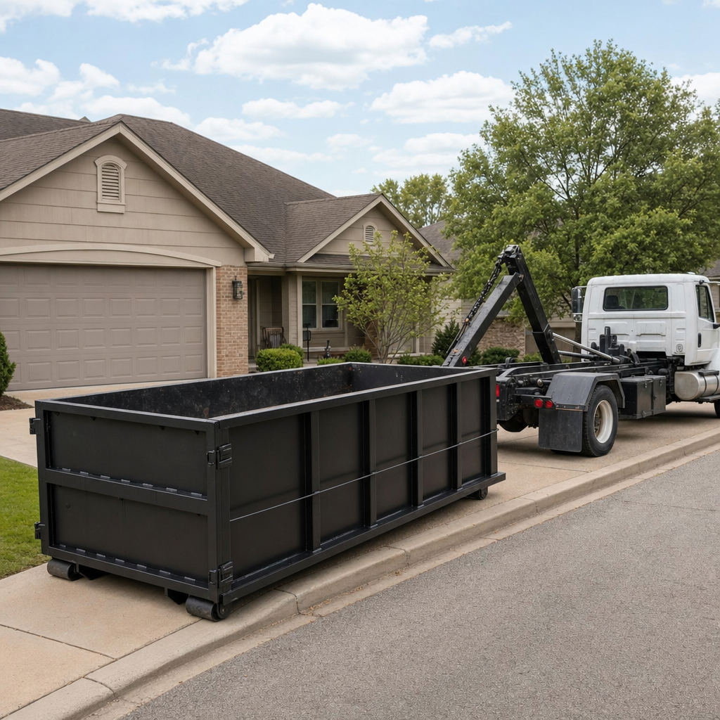 Wide documentary shot of a matte-black roll-off dumpster on a Merced residential driveway in the foreground and a contractor jobsite container in the soft-focus background, bright daylight, calm and orderly composition.